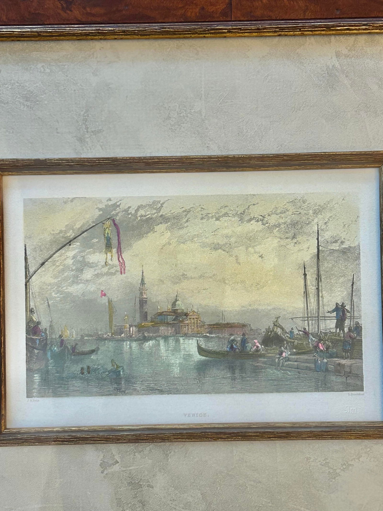 19th Century Hand Colored Engravings of Venice Newly Framed in Burlwood - A Pair - 2