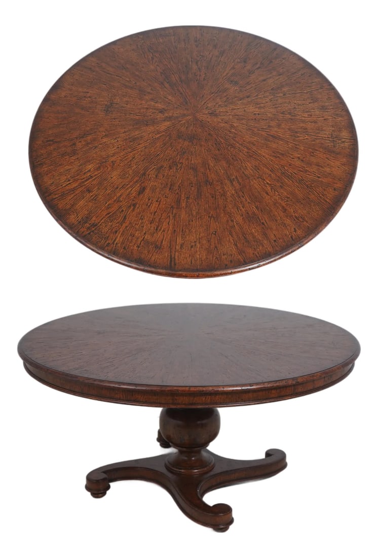 Theodore Alexander Althorp Collection Round Oak Dining Table: Age: Approx. 5 Years Old Details: Factory Distressed Althorp Collection AL 54056 High Quality Construction Large Impressive Table English William IV Style Curved Platform Base Offered @ Fraction