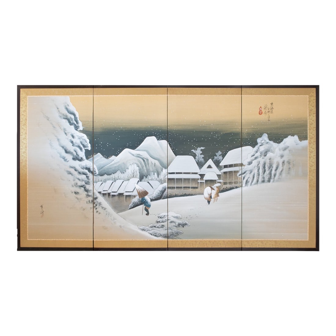After Hiroshige, "Snowy Night", ShÅwa Era Japanese Byobu Screen: Stunning Showa Era Japanese 4-panel painted silk Byobu (folding screen), after woodblock print by Utagawa Hiroshige, from his series, "The Fifty-Three Stations of the TÅkaidÅ Road". The