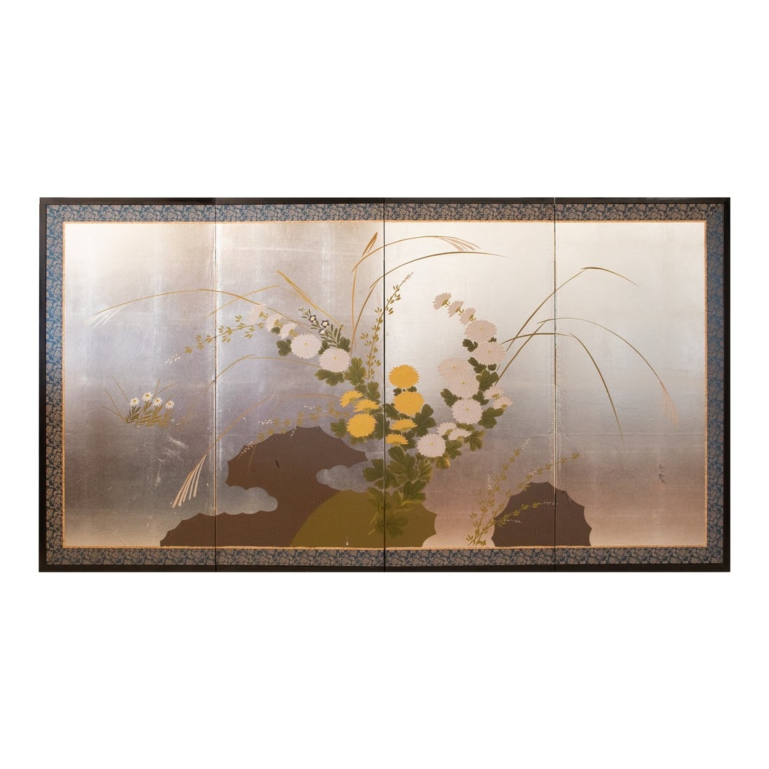 1970s ShÅwa Era Japanese Byobu Screen "Chrysanthemums" on Silver Background: Very pretty Japanese 4-panel painted Byobu (folding screen) with Chrysanthemums on silver background. Signed and sealed by artist. Watercolor and ink on silver foil over paper. Blue and gold silk