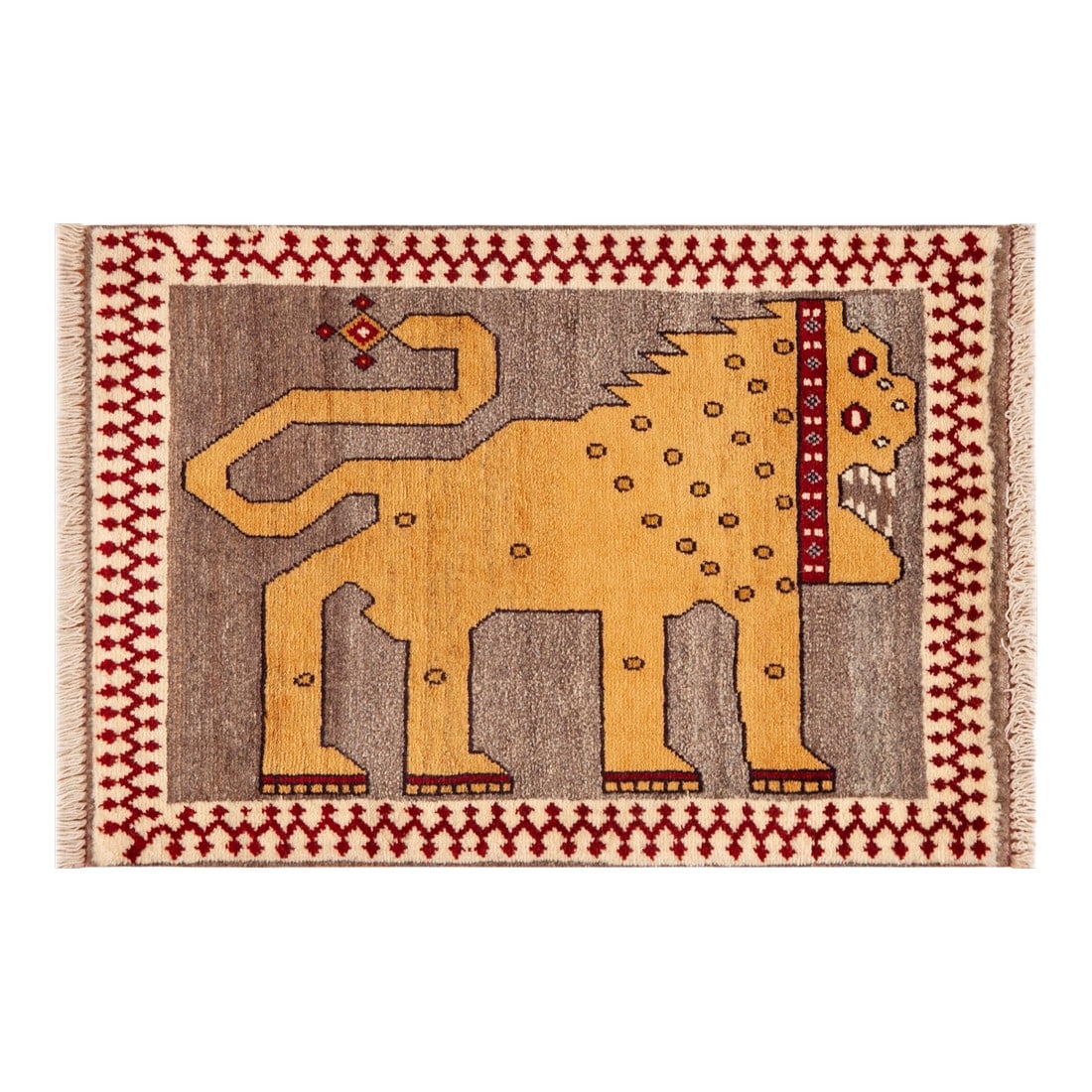 Nazmiyal Collection Vintage Tribal Pictorial Persian Gabbeh Rug: Fierce Folkloric Lion Design Vintage Tribal Persian Gabbeh Rug, Country of Origin: Persia, Circa Date: 1950 Condition: Alterations: Original Condition Unaltered Imperfections: Some Imperfections