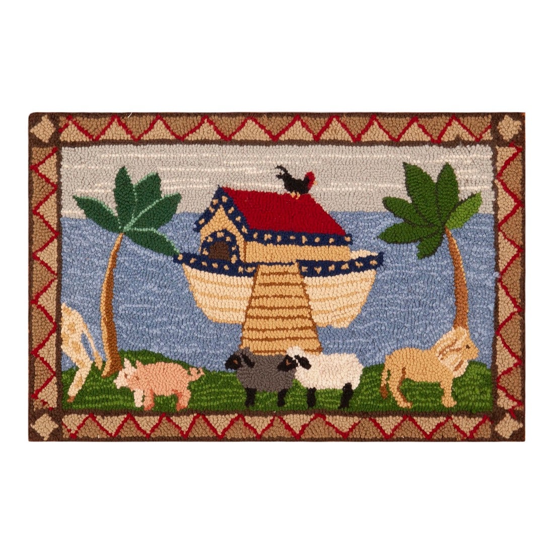 Nazmiyal Collection Antique American Hooked Folk Rug: Antique American Folklore Hooked Rug Depicting Noah's Ark and Animals, Place of Origin: America, Circa Date: 1920 Condition: Alterations: Original Condition Unaltered Imperfections: Some