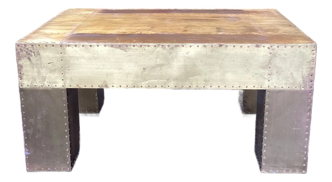 Vintage Sarried LTD Brass Clad Cocktail Table: Great scale on this rectangular cocktail table by Sarried Ltd featuring a brass-clad surface with hand-applied nailhead detailing throughout. Warm, softly aged brass finish with attractive patina and