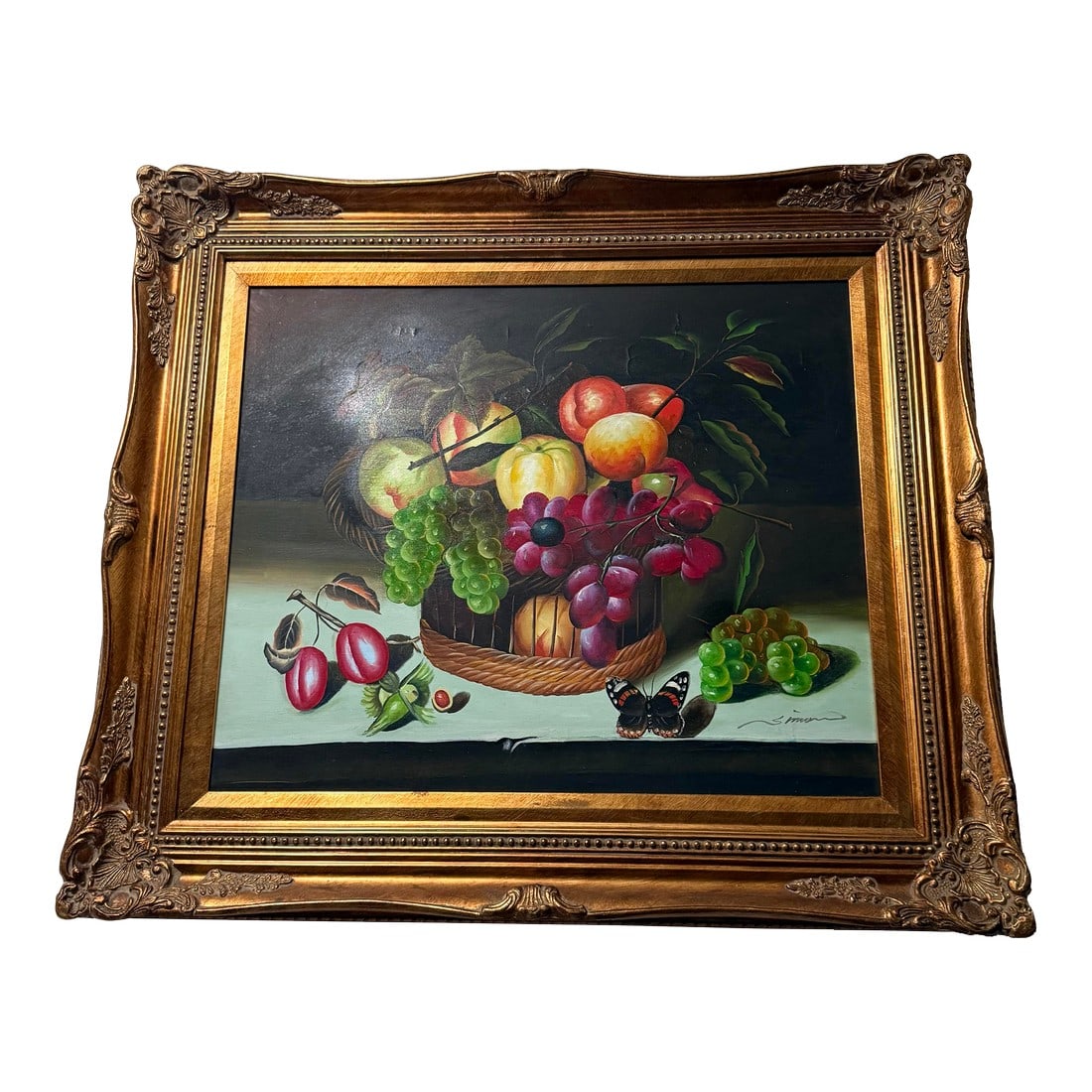 1940s Oil Painting on Canvas Signed Fruit Basket Dining Room Gold Ornate Frame: Oil Painting On Canvas Signed Fruit Basket Dining Room Gold Ornate Frame 28x31 A truly beautiful excellent condition well done, oil, painting, mid-century, framed in a magnificent gold glited ornate