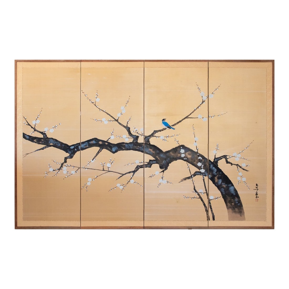 1960s Large ShÅwa Era Japanese Silk Byobu Screen "Flycatcher and Sakura": Large vintage Japanese 4-panel painted silk Byobu (folding screen), depicting Flycatcher and Sakura (blossoming cherry tree). Signed and sealed by artist. Watercolor and ink on silk. Silk border.