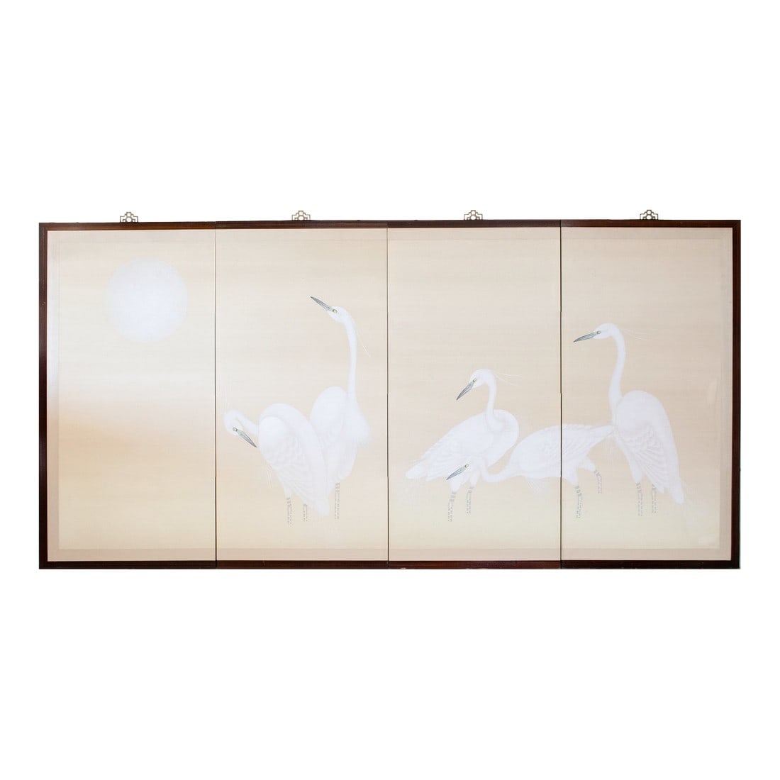 C. 1970s Japanese Style Monochrome Silk Screen "Egrets and Moon": Stunning 4-Panel Japanese Style painted monochrome folding silk screen depicting Egrets and Full Moon. Unsigned. Watercolor and ink on silk over paper on boards. Silk border. Lacquered brown wood
