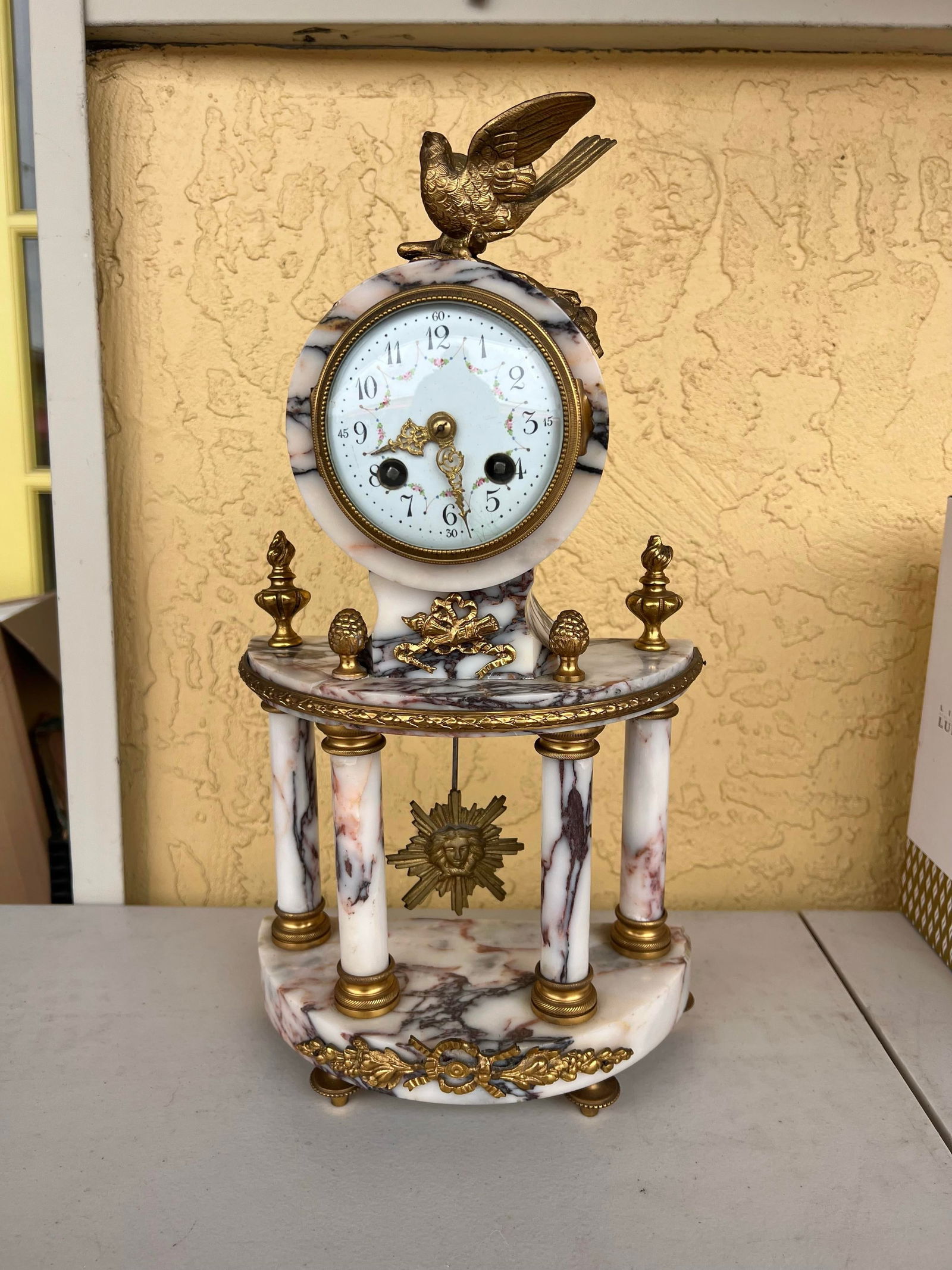 Vintage French Marble Ormolu Column Clock - 3