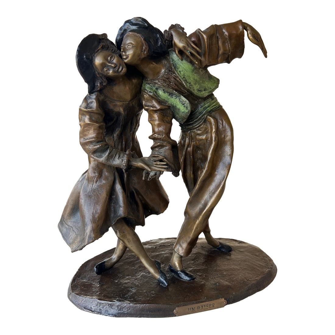 Vintage French "A Kiss" Lost Wax Bronze Signed Statue: Vintage French Lost Wax Bronze Sculpture of a couple. Titled "A Kiss" (Un Baiser). Signed along with many markings. Fun looking Romantic Couple. Condition: Alterations: Original Condition Unaltered
