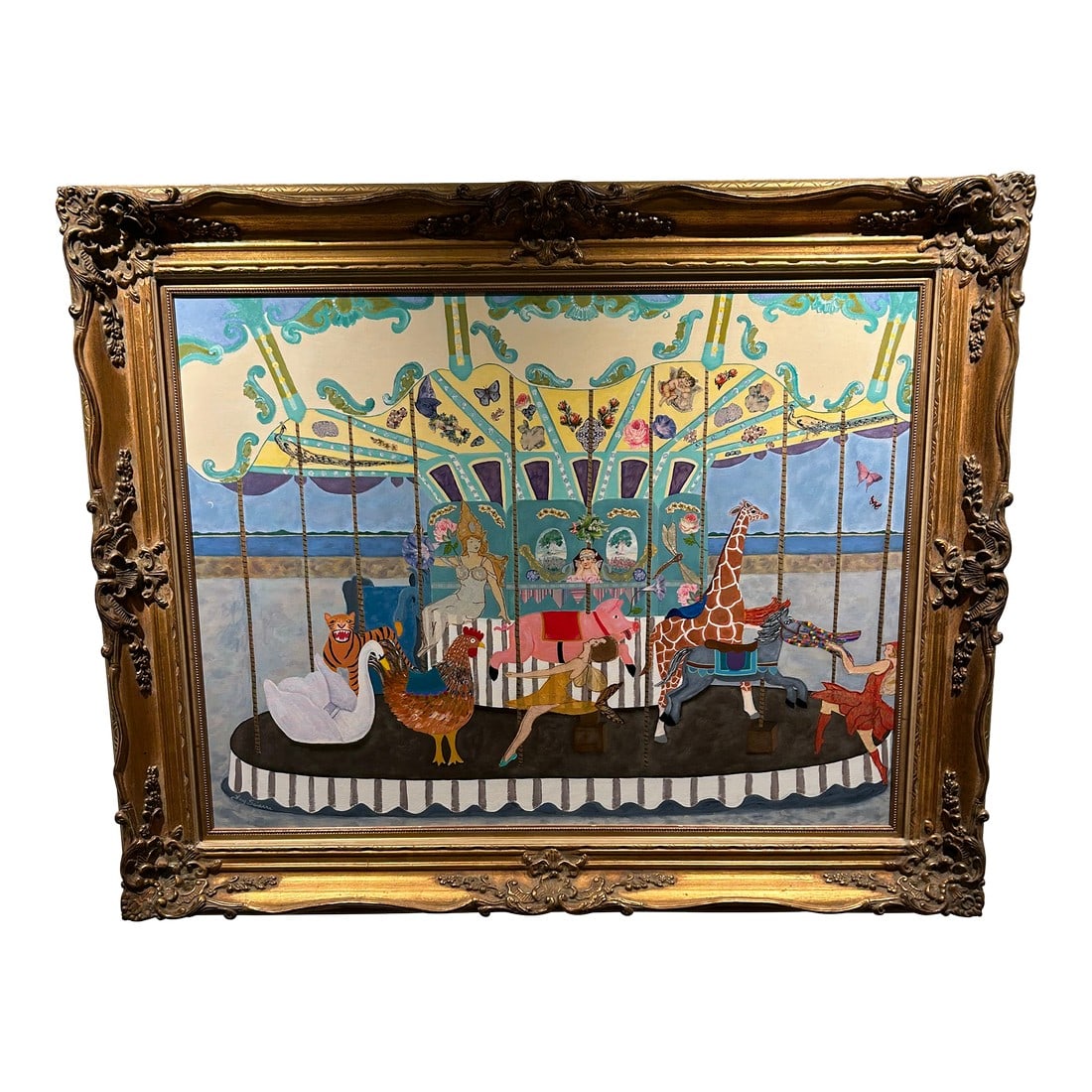 Monumental Painting & Collage of Whimsical Carousel in France: Large and enchanting, a whimsical mixed-media fantasy with acrylic, vintage crepe paper and antique Valentines. Inspired by a carousel in Ile de Re, France. One of a kind antique gilded wood frame. 