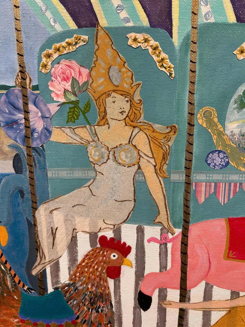 Monumental Painting & Collage of Whimsical Carousel in France - 3