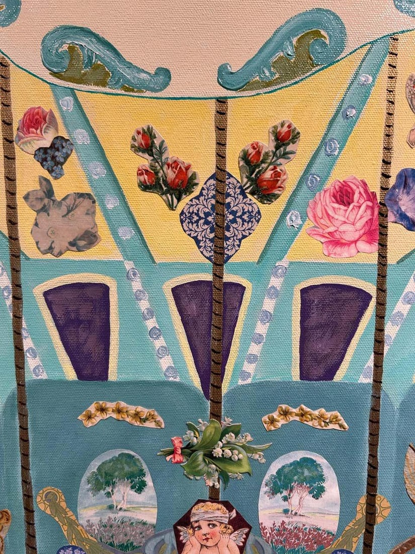 Monumental Painting & Collage of Whimsical Carousel in France - 7