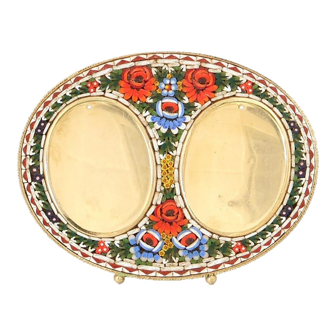 Vintage Italian Double Micromosaic Picture Frame: A striking midcentury Italian micromosaic double frame, hand-set with vibrant glass tesserae in rich red, cobalt, emerald, and ivory. The symmetrical twin-oval design is framed by a scrolling floral