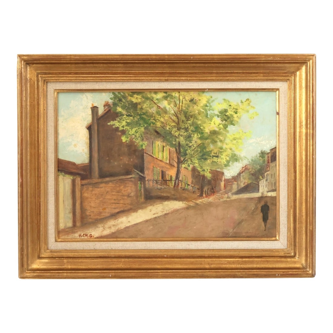 1961 Montmartre "Lapin Gil" Paris Street Scene Oil Painting: Paris street scene, vintage oil on canvas signed lower left H.Ch.G. and inscribed on the reverse Â“Montmartre, Lapin Ã Gil, 1961.Â” The composition shows a quiet