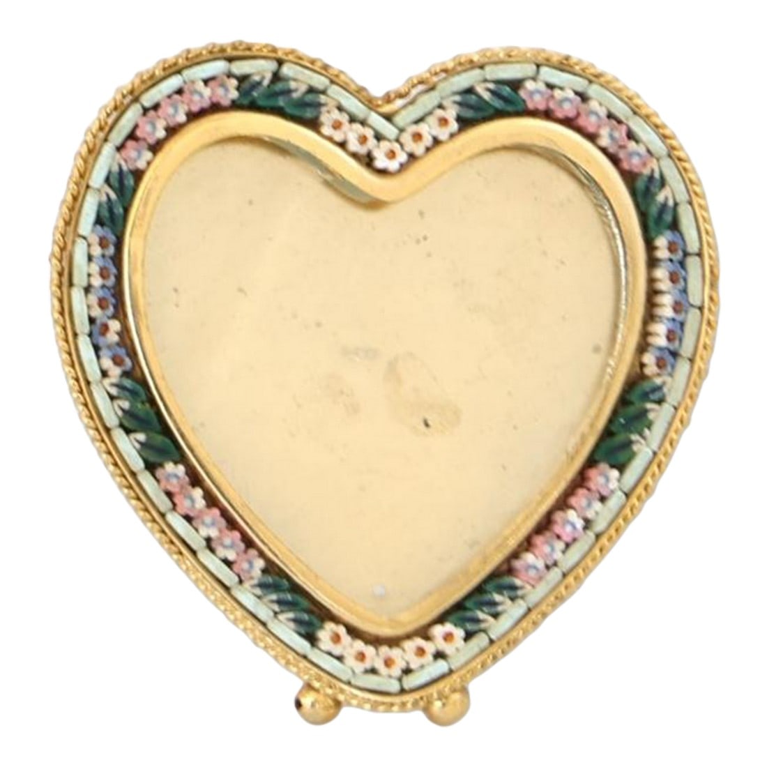Midcentury Italian Micromosaic Heart Picture Frame: A romantic Italian micromosaic heart-shaped picture frame, hand-set with jewel-toned glass tesserae forming a delicate floral border around a warm gilt metal heart. The finely worked mosaic and