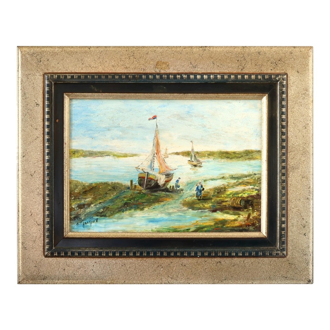 French Normandy Coastal Scene With Oyster Gatherers: Oil on board portraying oyster gatherers along the Normandy coast, with fishing boats anchored in the shallows and figures in traditional Normandy attire bent to their work. The French tricolor flies