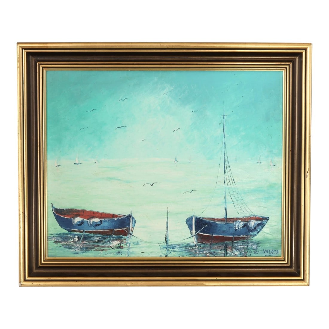 Midcentury Italian Seascape With Fishing Boats: Signed Valota, this mid-20th century coastal painting captures the timeless rhythm of life along the Italian Riviera, where working fishing boats rest quietly in the shallows between tides. Two