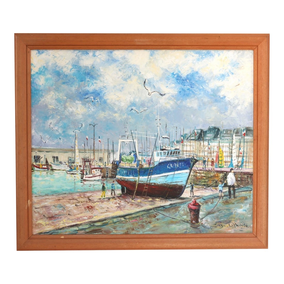 Vivid Normandy Harbor Scene Oil Painting, Signed: Vivid harbor scene of the Normandy coast, likely Honfleur, signed and dated 1994. The composition captures a large fishing vessel drawn onto the quay for maintenance, surrounded by townsfolk,