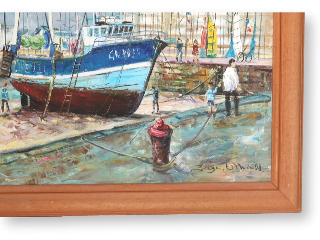 Vivid Normandy Harbor Scene Oil Painting, Signed - 2