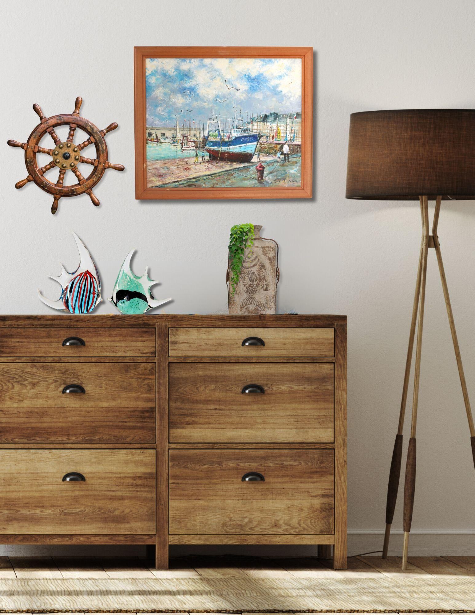 Vivid Normandy Harbor Scene Oil Painting, Signed - 3