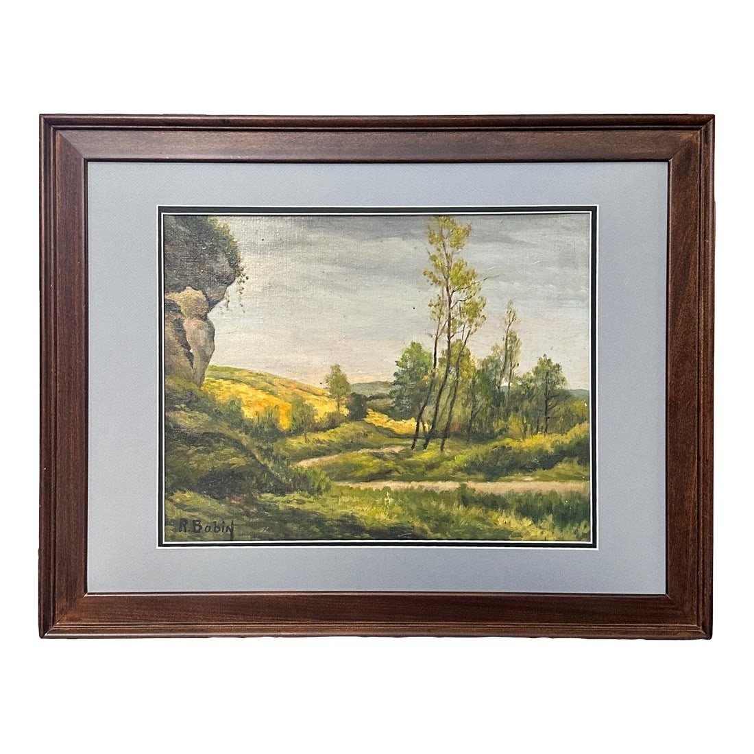Midcentury French Landscape Painting of Rolling Hills: Midcentury French landscape oil painting, signed R. Bobin, depicting a serene pastoral scene with rolling hills, winding path, and slender trees rendered in soft, naturalistic brushwork. The palette o