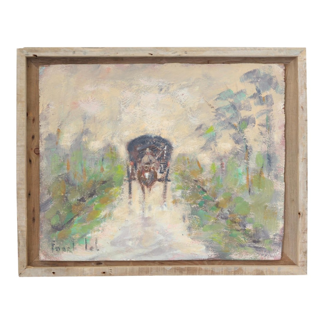 French Impressionist Painting – Horse & Carriage Scene: A vintage French impressionist-style painting depicting a horse-drawn carriage moving through a misty countryside landscape, rendered with loose, expressive brushwork and a romantic pastel palette of