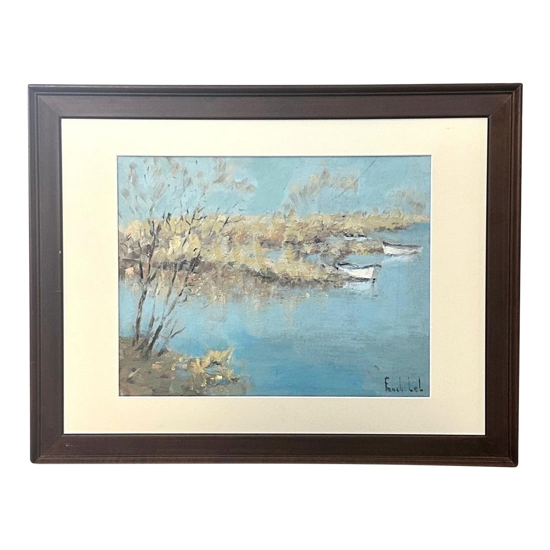 Early 1900s French Normandy Coast Painting: Atmospheric oil on board of the Normandy coast, signed lower right. Pale trees lean gently over the shoreline, their reflections shimmering across still blue water. A cluster of white boats rests