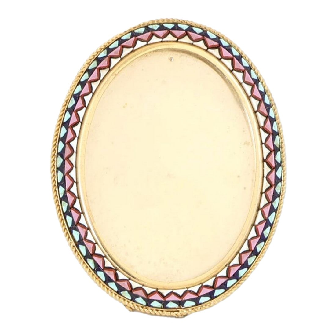 Midcentury Italian Micromosaic Picture Frame: A luminous Italian micromosaic picture frame, hand-set with jewel-toned glass tesserae forming a floral garland around a warm gilt metal oval. Each fragment is individually placed, showcasing the prec