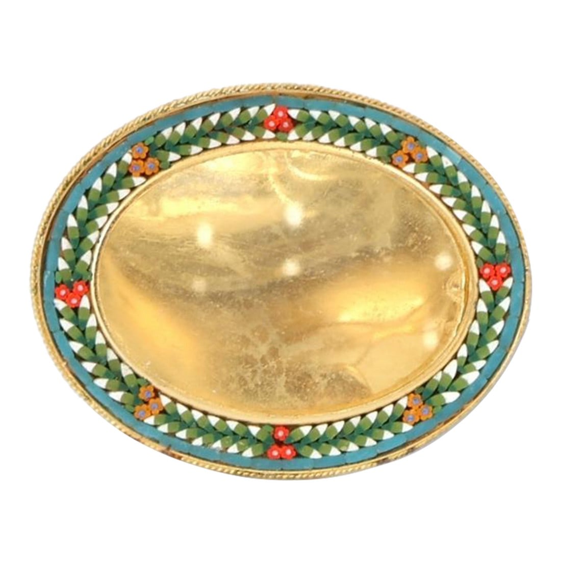 Italian Micromosaic Oval Picture Frame: A luminous Italian micromosaic picture frame, hand-set with jewel-toned glass tesserae forming a floral garland around a warm gilt metal oval. Each fragment is individually placed, showcasing the