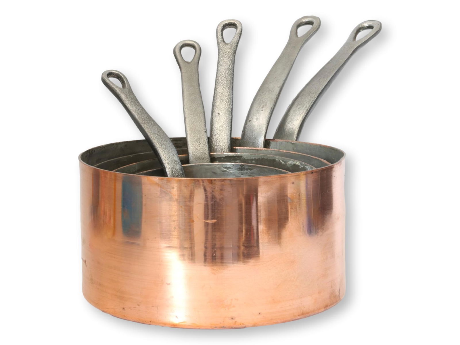 Graduated Set of Antique French Copper Saucepans with Iron Handles - 2