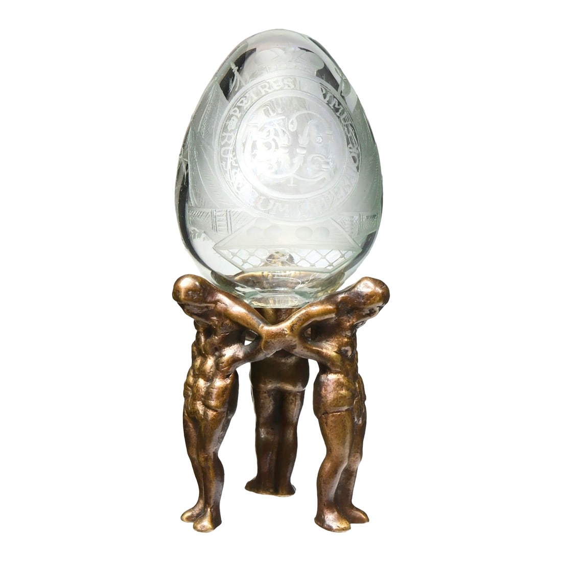 Russian Imperial Cut Glass Egg with Peter the Great Inscription: Superbly cut and engraved Russian Imperial glass egg, featuring an elaborate central medallion inscribed in Latin "PETRUS PRIMUS RUSSORUM IMPERATOR" "” "Peter the First, Emperor of the