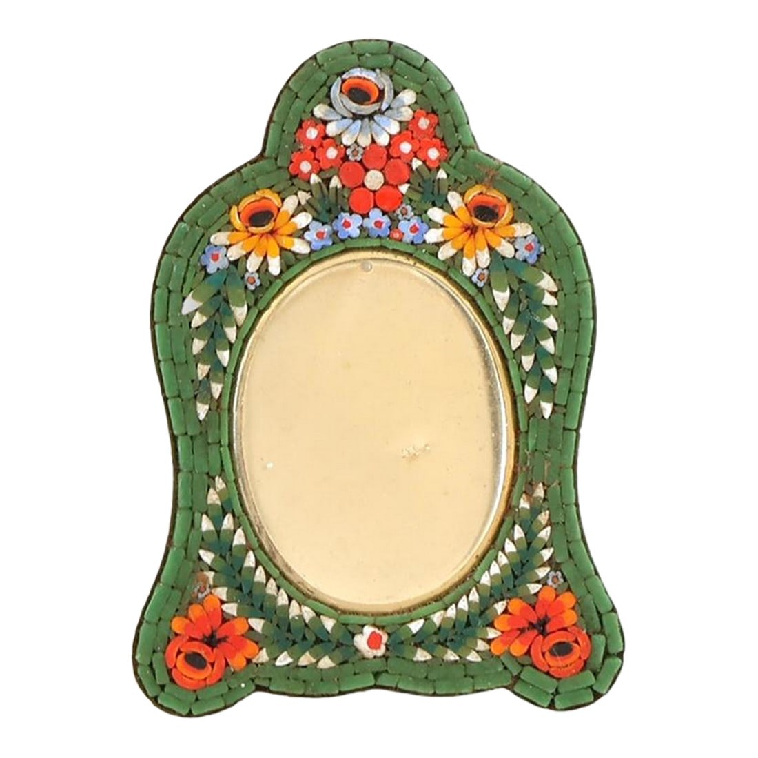 Midcentury Italian Micromosaic Picture Frame: A striking Italian micromosaic picture frame, hand-set with jewel-toned glass tesserae arranged in bold floral motifs against a deep green ground. The sculptural silhouette and gilded metal surround r