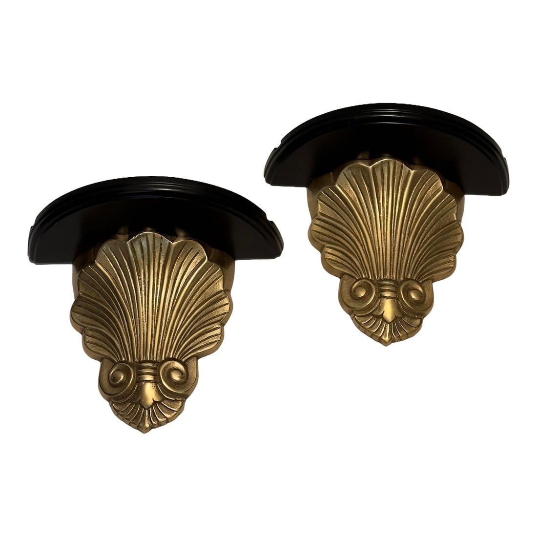 Pair of 1970s Hollywood Regency Brass andBlack Lacquer Shell Sconces - A Turtle and Crane Find: Lighting and wall decor are the jewelry of the home, and this breathtaking pair of vintage Hollywood Regency wall brackets serves as the perfect statement earrings for your space. Curated by Turtle