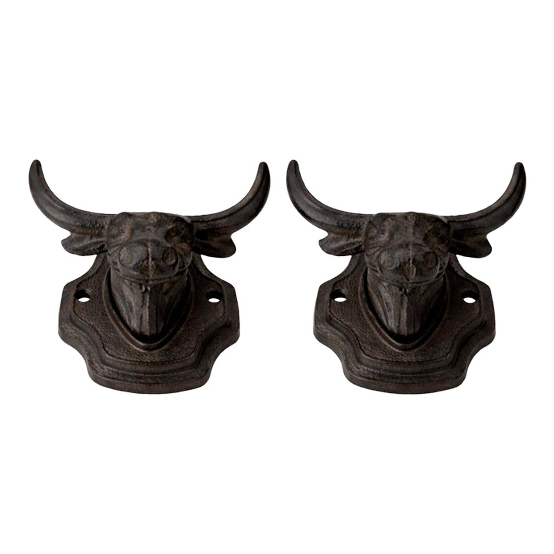 Mid 20th Century, Cast Iron Bull-Head Wall Hooks: Bold, heavy 1950s cast iron bull-head wall hooks with commanding presence and a rich, well-preserved patina. Condition: Alterations: Original Condition Unaltered Imperfections: Some Imperfections