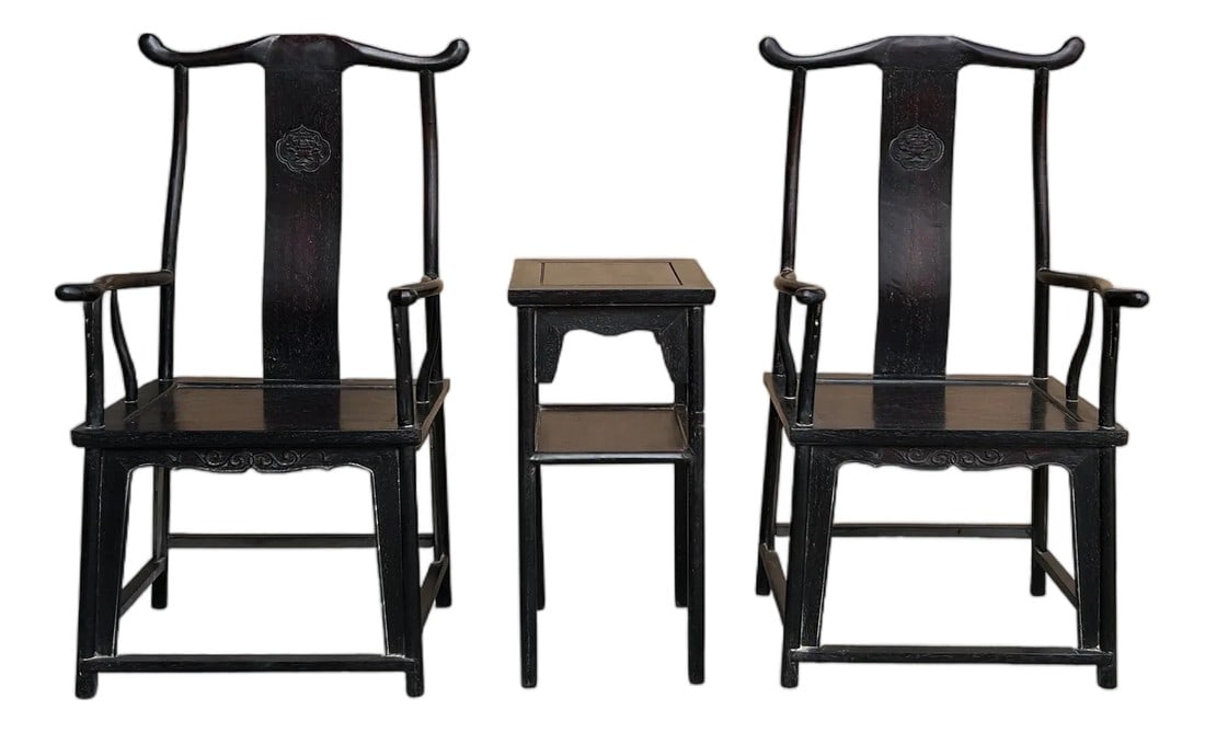 Chinese Traditional Black Brown Yoke-Back Armchair Set W Small Table: Elevate your living space with this striking three-piece seating set, featuring two Official's Hat (Yoke-Back) armchairs and a coordinating tea table. Finished in a sophisticated, deep ebonized stain
