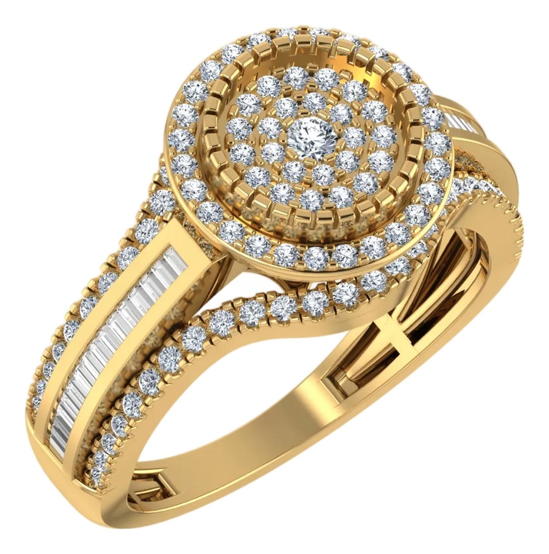 10K Yellow Gold Round Baguette Diamond Halo Sz 7 Designer Ladies Ring 7/8 Cttw: Golden Halo: 10K Yellow Gold & 7/8 Cttw Diamond Ladies RingWarmth and Brilliance ReimaginedThis 7/8 Cttw designer halo ring brings a classic glow to the modern hand. Cast in polished 10K yellow gold,