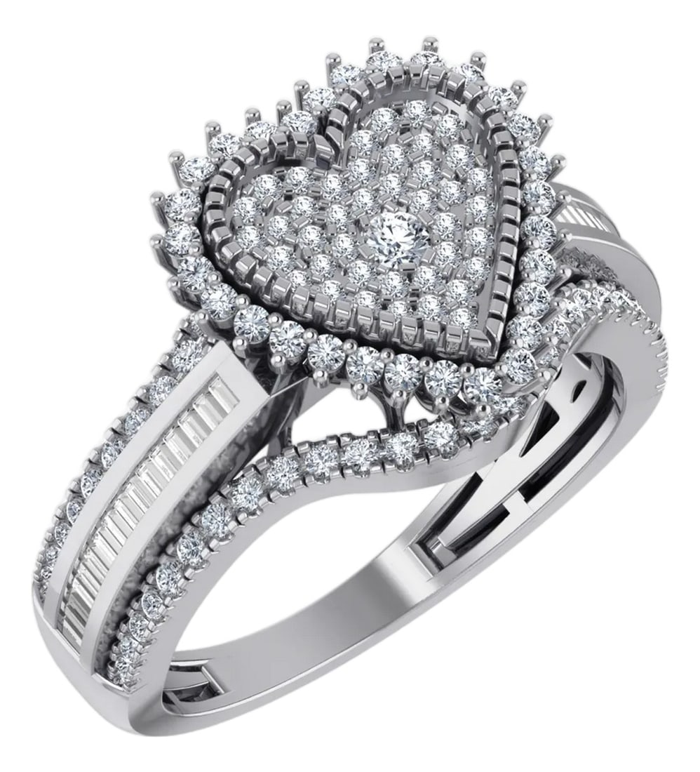 10K White Gold Round Baguette Diamond Heart Shape Sz 7 Designer Ladies Ring 3/4 Cttw: Icy Heart: 10K White Gold & 3/4 Cttw Heart-Shape Diamond RingPure Romance in a Modern PaletteSay it with a heart that shines like ice. This 10K white gold designer ring features a graceful