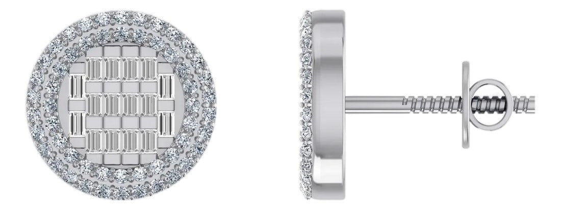10K White Gold Round Baguette Diamond Halo Designer Earring 5/8 Cttw, A Pair: Luminous Halo: 10K White Gold & 5/8 Cttw Round Baguette Diamond Designer EarringsSophisticated Brilliance in Every TurnElevate your accessory game with these designer-inspired halo earrings. Crafted