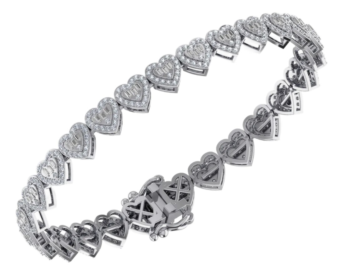 10K White Gold Round Baguette Diamond Heart Designer 7 Inch Bracelet 2-1/6 Cttw: Frost & Love: 10K White Gold & 2-1/6 Cttw Diamond Heart BraceletA Cool Take on Eternal RomanceThe language of love is reimagined in cool 10K white gold and icy diamonds. This 2-1/6 Cttw heart