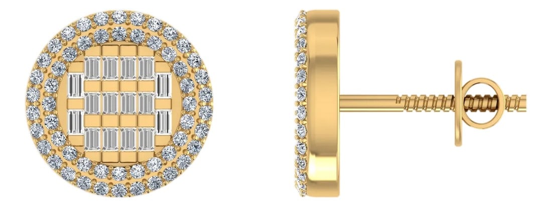 10K Yellow Gold Round Baguette Diamond Halo Designer Earring 5/8 Cttw, A Pair: Golden Radiance: 10K Yellow Gold & 5/8 Cttw Round Baguette Diamond Halo Designer EarringsA Warm Glow of Designer LuxuryFrame your face with the timeless warmth of yellow gold and the brilliant fire