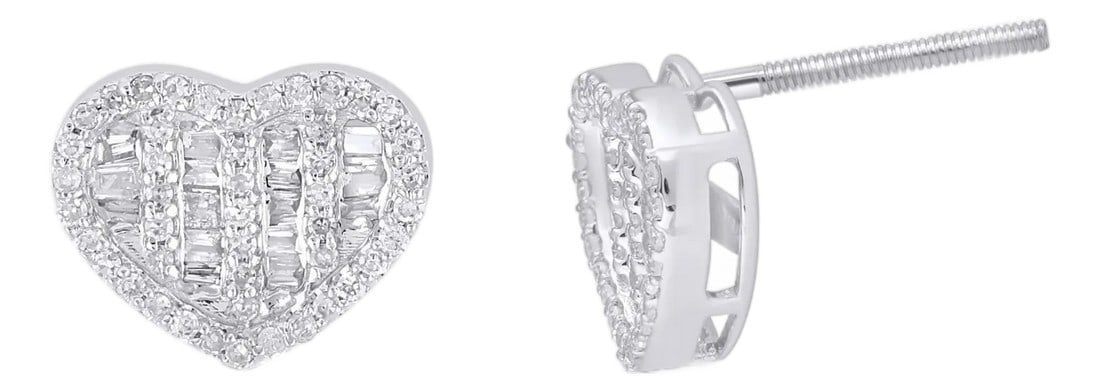 10K White Gold Round Baguette Diamond Heart Earring 1/3 Cttw, A Pair