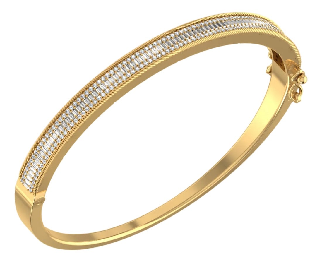 10K Yellow Gold Round Baguette Diamond Designer Bangle Bracelet 1-1/5 Cttw: Sculpted Light: 10K Yellow Gold & 1-1/5 Cttw Diamond BangleModern Structure Meets Timeless SparkleElevate your jewelry stack with this 1-1/5 Cttw designer bangle. Featuring a sophisticated arrangement