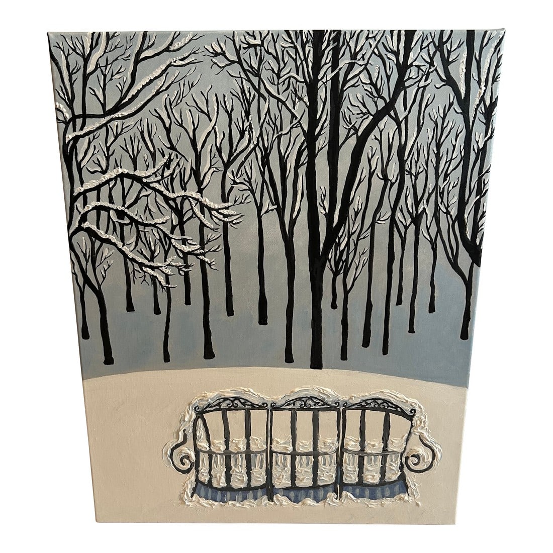 Deep Snow Original Painting on Canvas: Serene and lovely "Deep Snow" is a new original work on canvas by self taught artist Fay Sciarra, capturing the wonder of an untouched snowfall in her backyard with vintage iron loveseat transformed