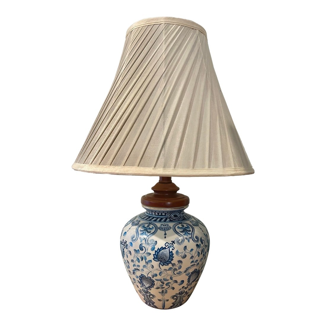 Late 20th Century Custom Made Blue and White Chinoiserie Lamp on Carved Ming Style Base: It was the base of this lamp that first caught the eye. The carved "wood" base is 3.35" high and hexagonal. The wood parts actually appear to be made of a resin to look like wood. It stands in 6 carve