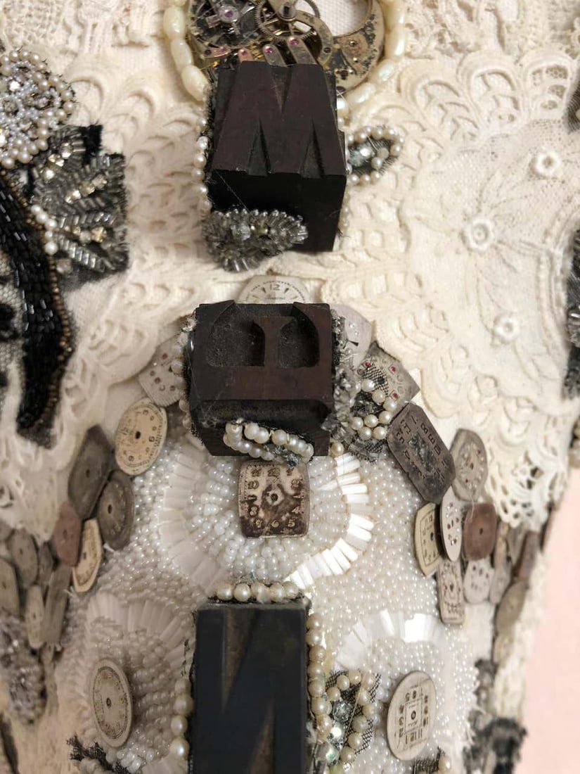 Large Mixed Media Skull Sculpture With Lace and Pearls - 10