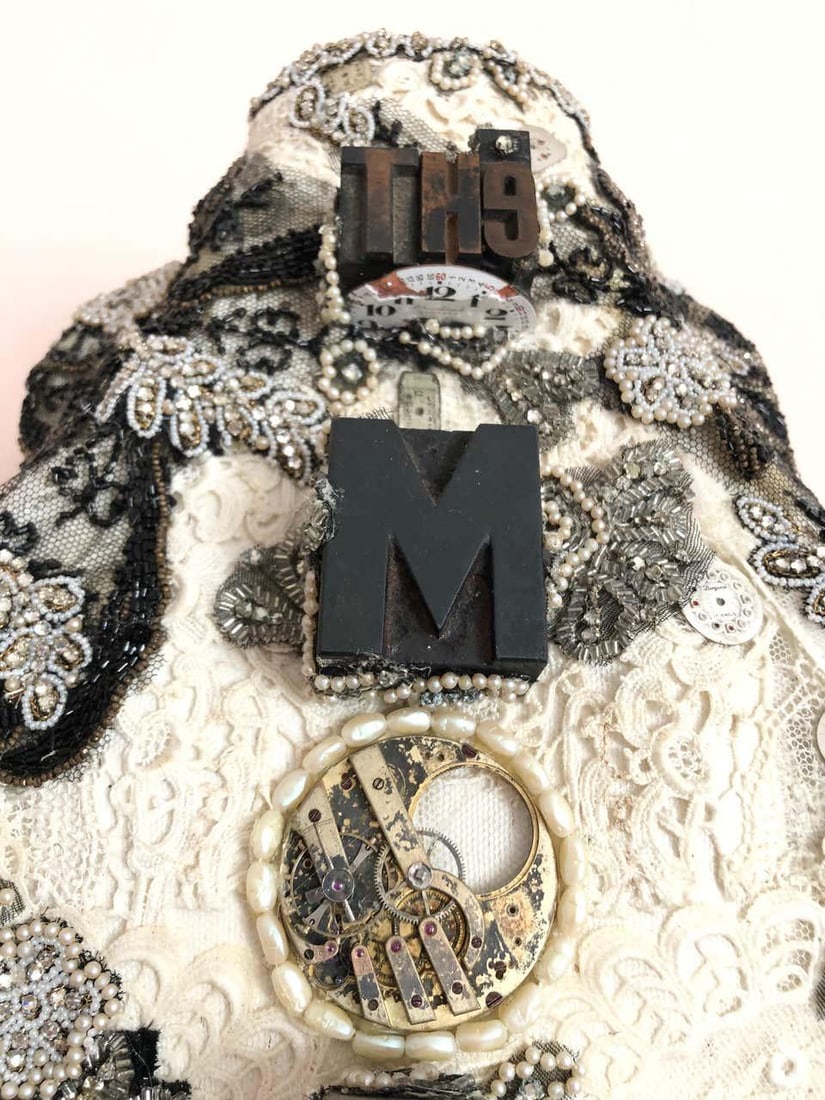 Large Mixed Media Skull Sculpture With Lace and Pearls - 11