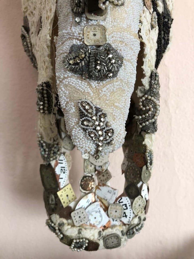 Large Mixed Media Skull Sculpture With Lace and Pearls - 13