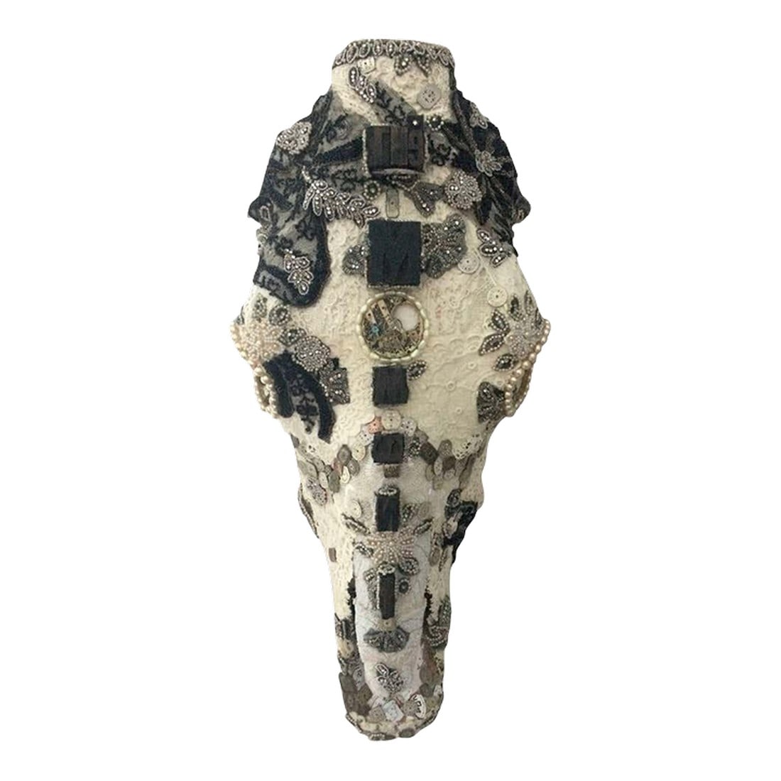 Large Mixed Media Skull Sculpture With Lace and Pearls: Very large longhorn skull sculpture in black, cream, silver and gold, an artist's meditation on the Buddhist tenet of being in "the moment" and the ephemeral nature of life. Media includes old