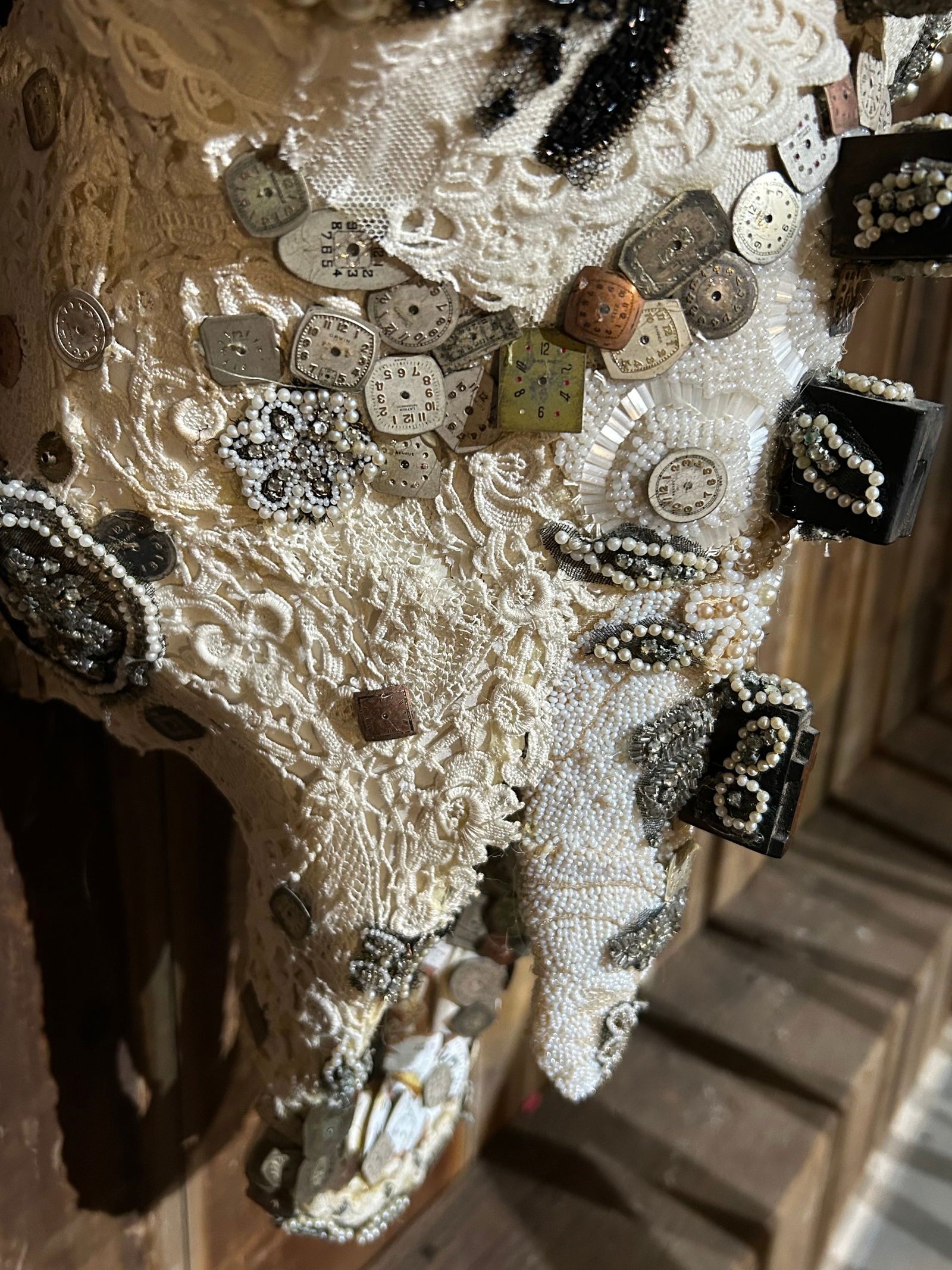 Large Mixed Media Skull Sculpture With Lace and Pearls - 3