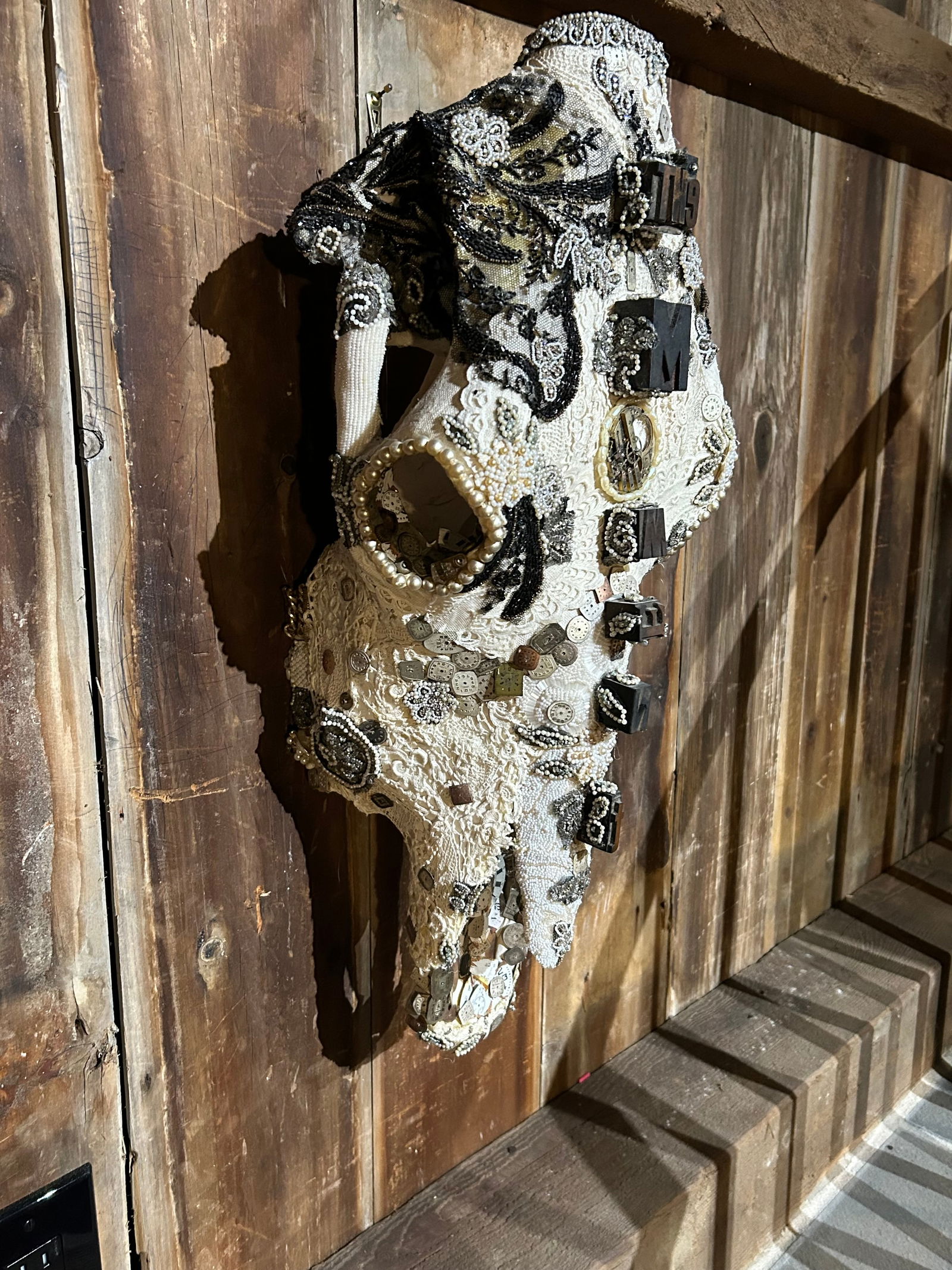 Large Mixed Media Skull Sculpture With Lace and Pearls - 4