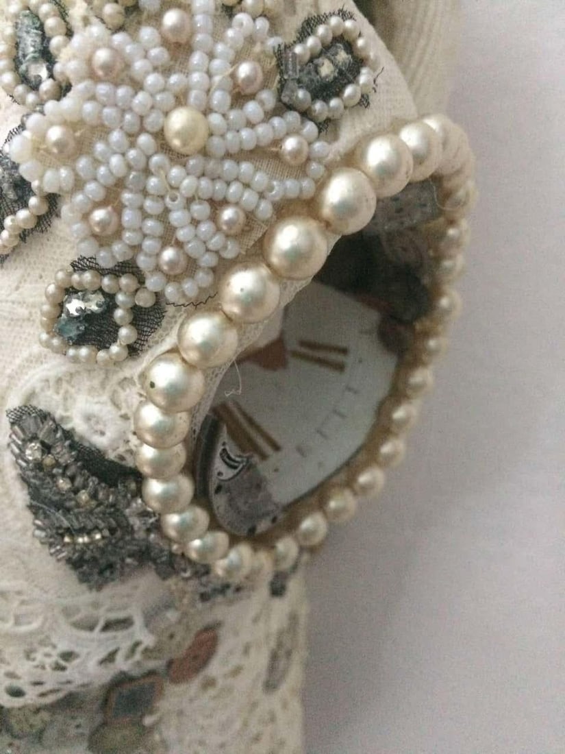 Large Mixed Media Skull Sculpture With Lace and Pearls - 6